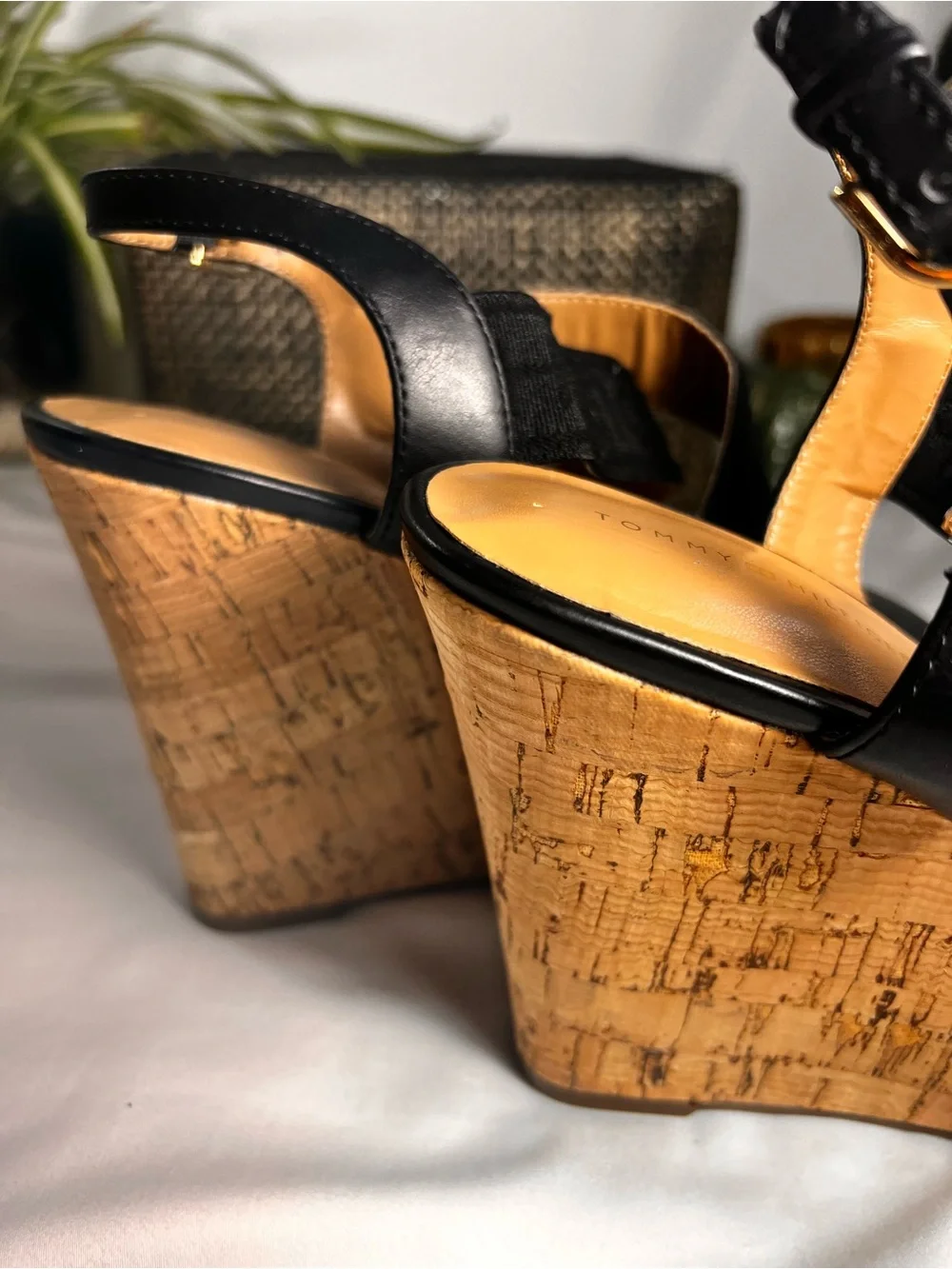 Tommy Hilfiger Black Leather Strappy Wedge Sandals
